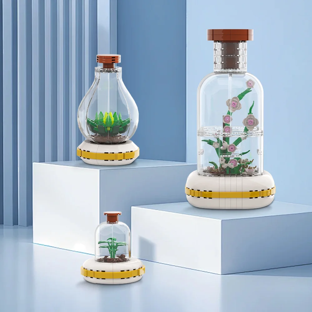MOC Orchid Glass Vase Botanical Terrariums Building Blocks Miniature Glass Modern Planter Succulents Garden Brick Toys Gift