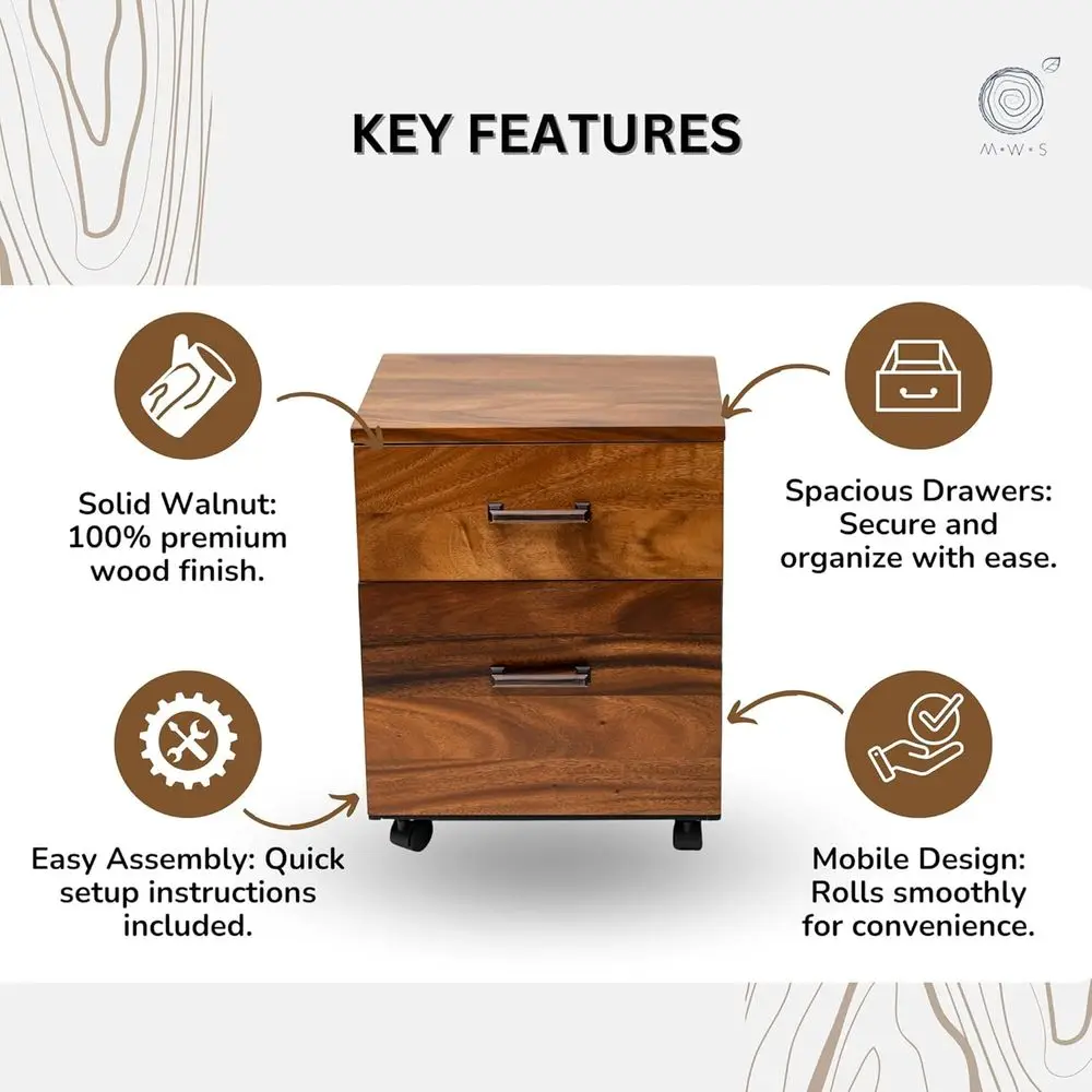 Walnut 2-Drawer File Cabinet on Wheels - 21x16x15 Desk-Side Storage for Home Office