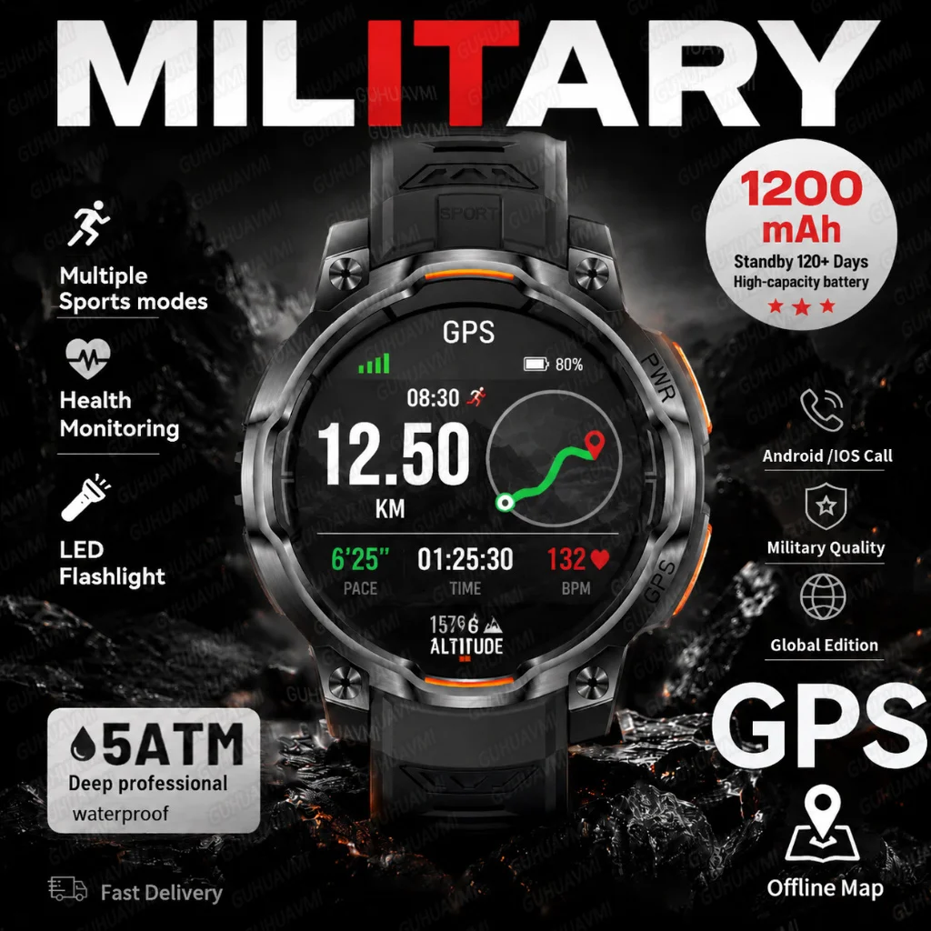 New TOP 1 Military Built-in GPS Offline Map 5ATM Waterproof Smart Watch 1.46 AMOLED HD Compass Flashlight Men Sports Smartwatch