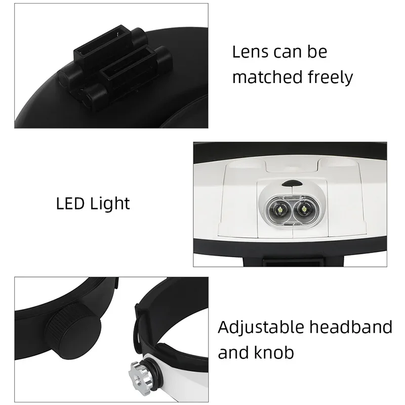 LED Light Head Mounted Magnifying Glass Hands-Free Magnifier Glasses for Jewelry Watch Repair Precision Work Reading Tasks