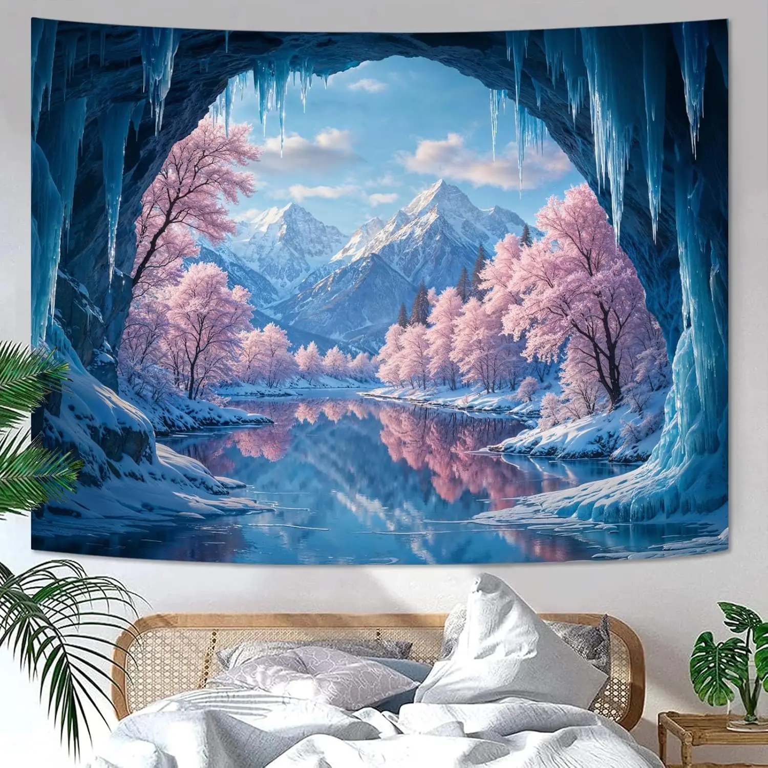 Fantasy Winter Scenery Tapestry, Ice Cave Landscape with Frozen Lake and Cherry Blossom Forest Wall Hanging, Landscape Nature