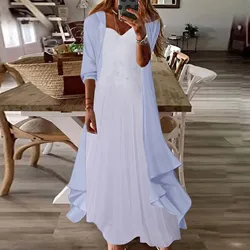 Women Casual Print Dress V Neck Sleeveless Dress Half Sleeve Chiffon Shawl Cardigan Two Set Dress plus Size Midi Dresses