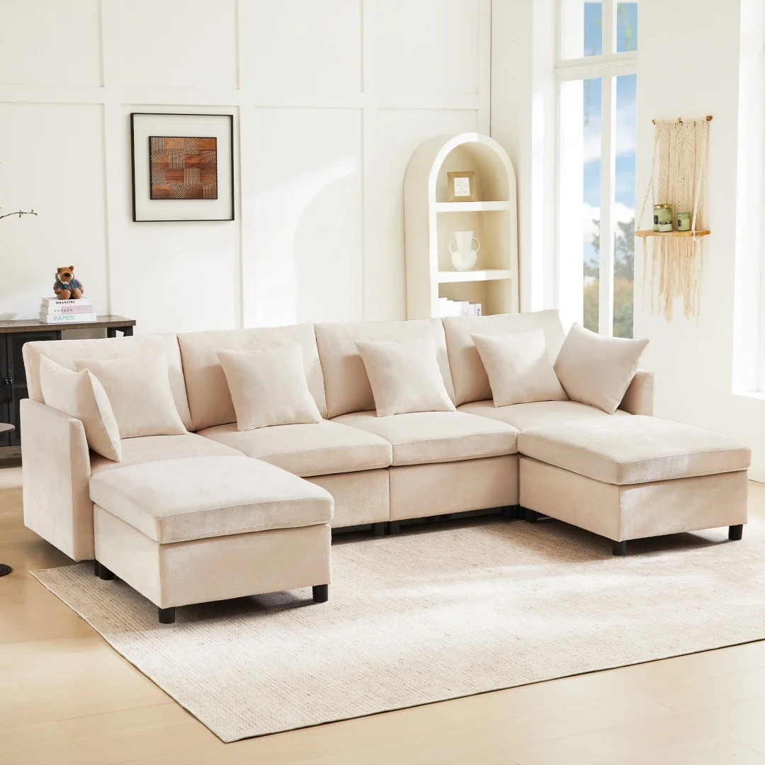 Canapé modulaire en forme de U/L, 2 tabourets et 6 coussins, canapé moderne en tissu cachemire, canapé de salon, canapé d'appartement