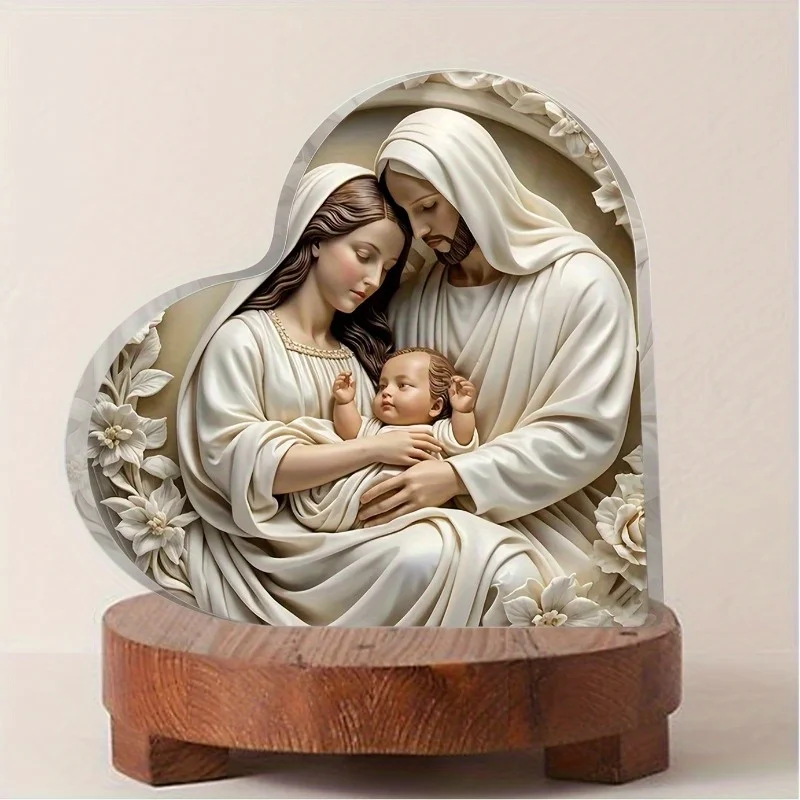 قطعة واحدة من الأكريليك على شكل قلب (4 بوصة × 4 بوصة)، زينة ميلاد يسوع لتزيين الطاولة، هدية عيد الميلاد، هدية وداع، هدية دينية #1