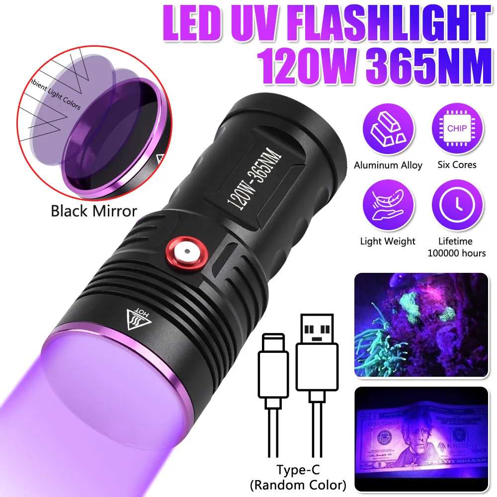 120W 6-Core 365nm UV Flashlight Black Mirror 2-Mode Purple Light Ultra Viole Torch Pet Urine Stains bed bug Scorpions Detector