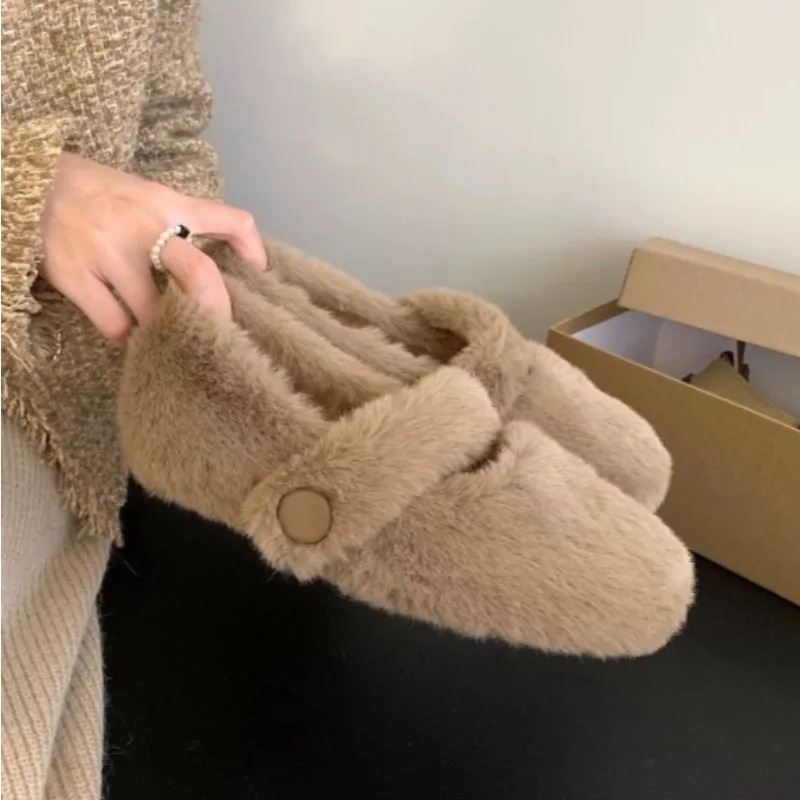 Fairy White Furry Mary Janes Women Warm Mink Fur Shoes Winter Cotton Lined Flats Slip on Ballerinas Ladies Barefoot Wool Loafers