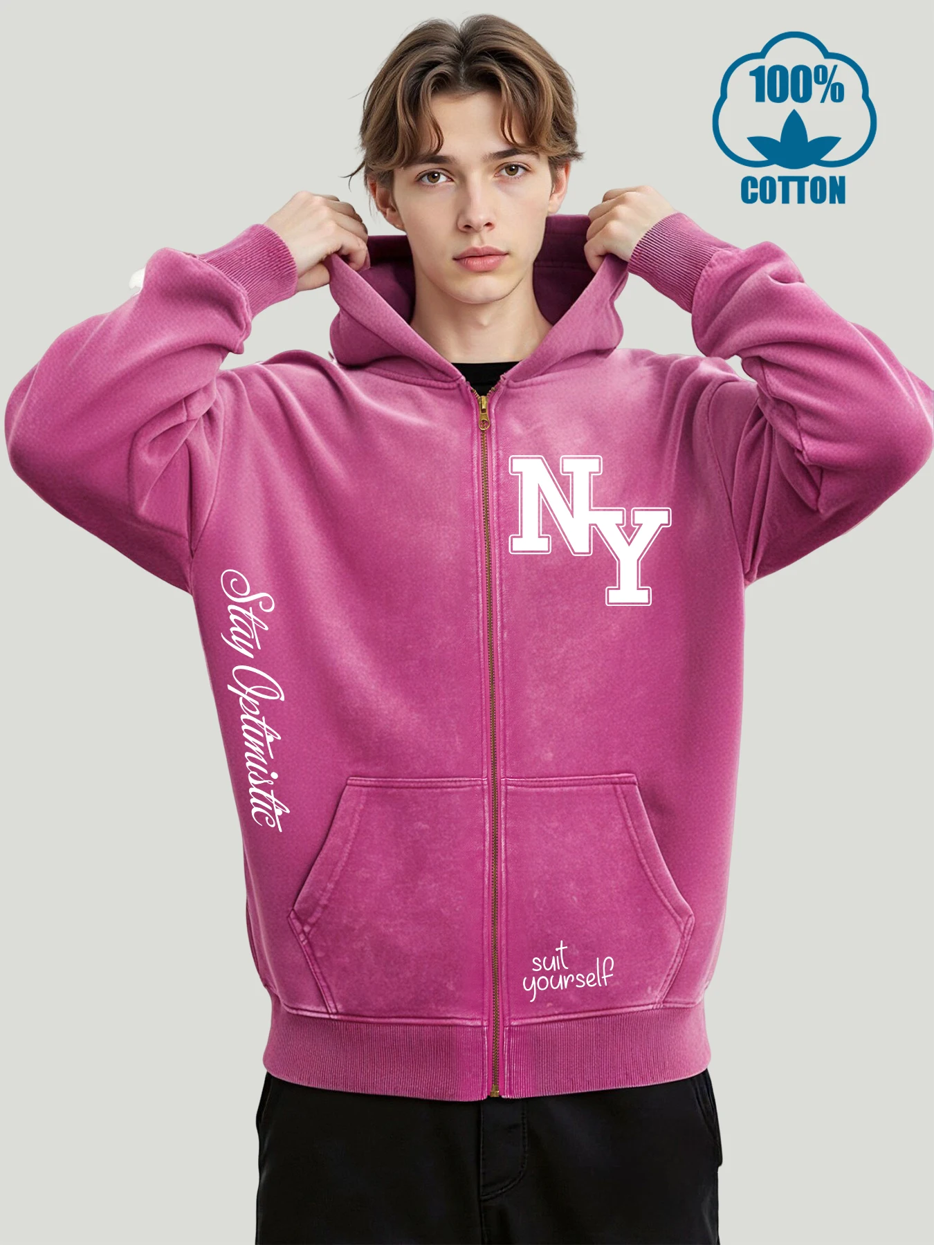 

New York Suit Yourself Print Mens Washed Zipper Jackets Hip Hop Loose Hoodies Cotton Retro Hoodie Autumn Fashion Male Streetwear