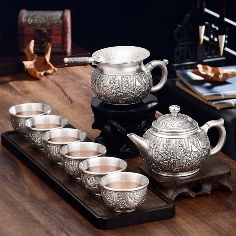 Sterling Silver 999 Teapot Teacup Double Happiness Chinese Pure Healthy Kungfu Fairness Tea Ceremony Household Teapot