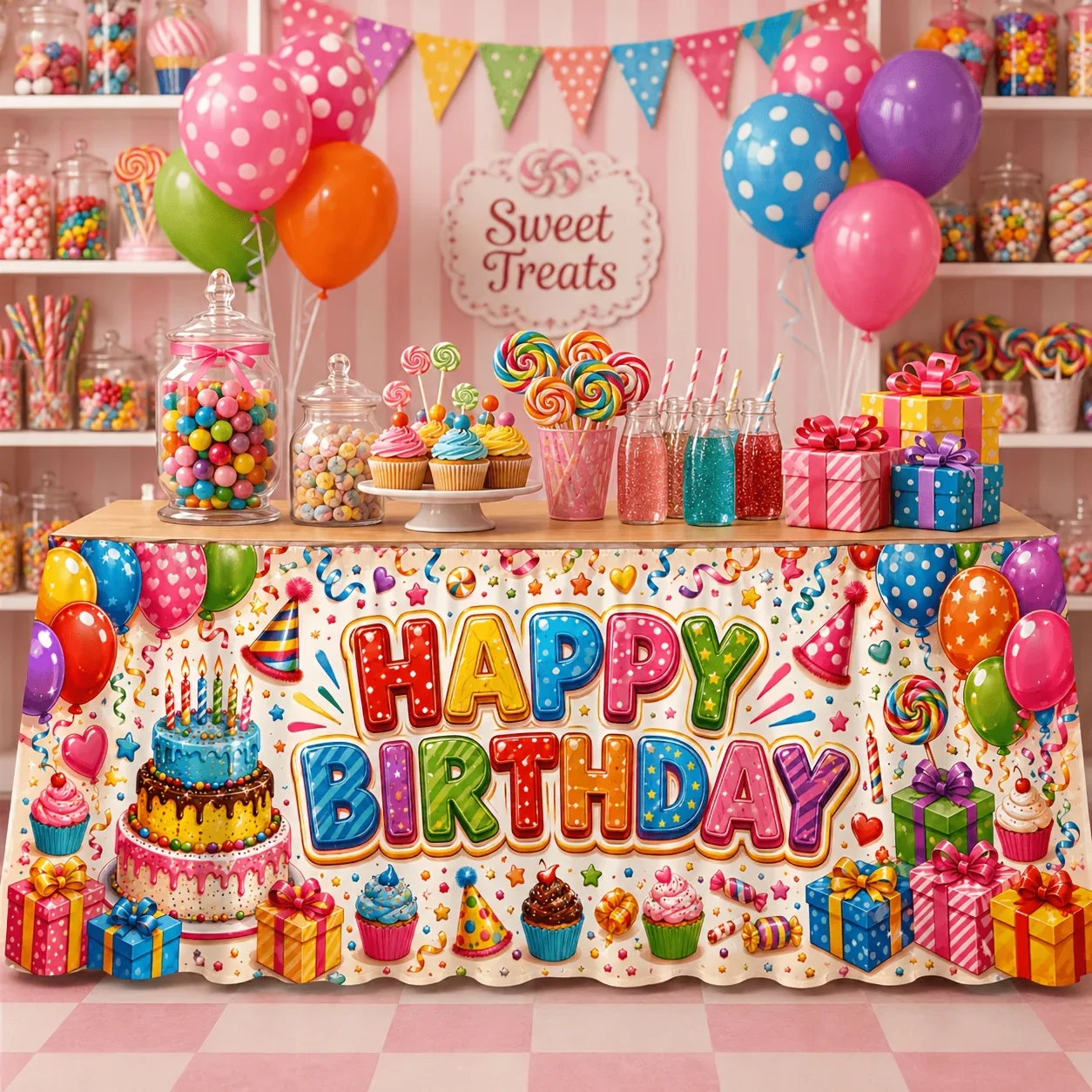 Tablecloth 1-piece set Birthday happy colorful polka dot lettering cupcake paper cupcake stick candy balloon gift