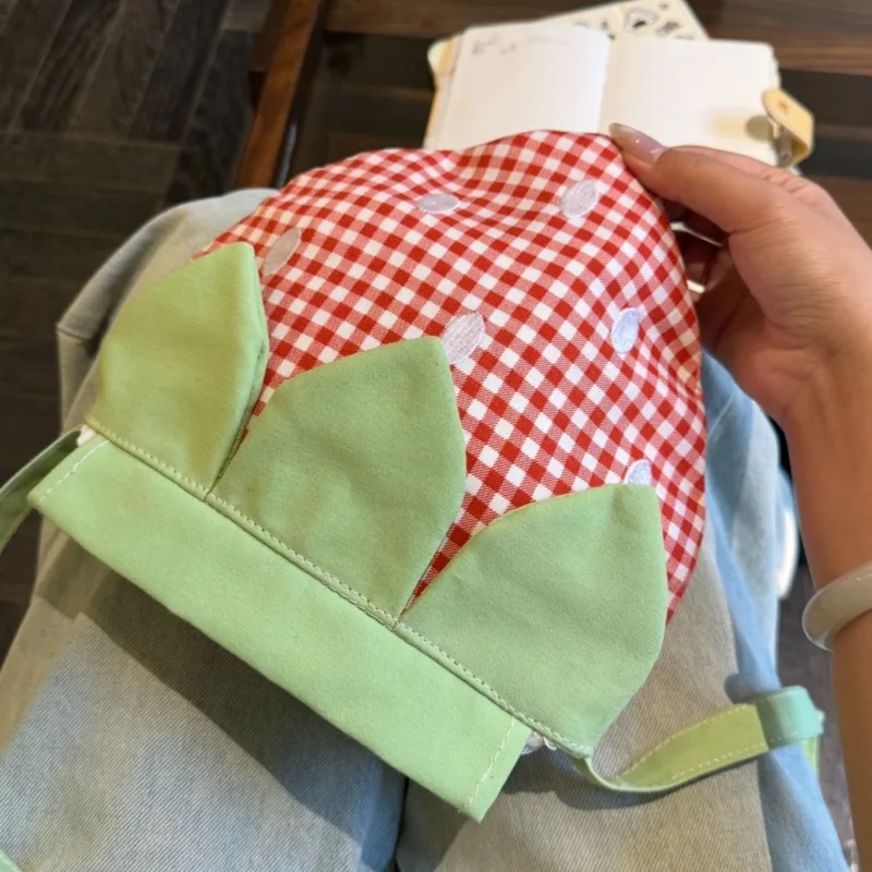 

Cute Strawberry Design Japanese Crossbody Bag Embroidery Polka Dot Y2k Phone Bag Red Plaid Kawaii Small Bag Girls Storage Bag