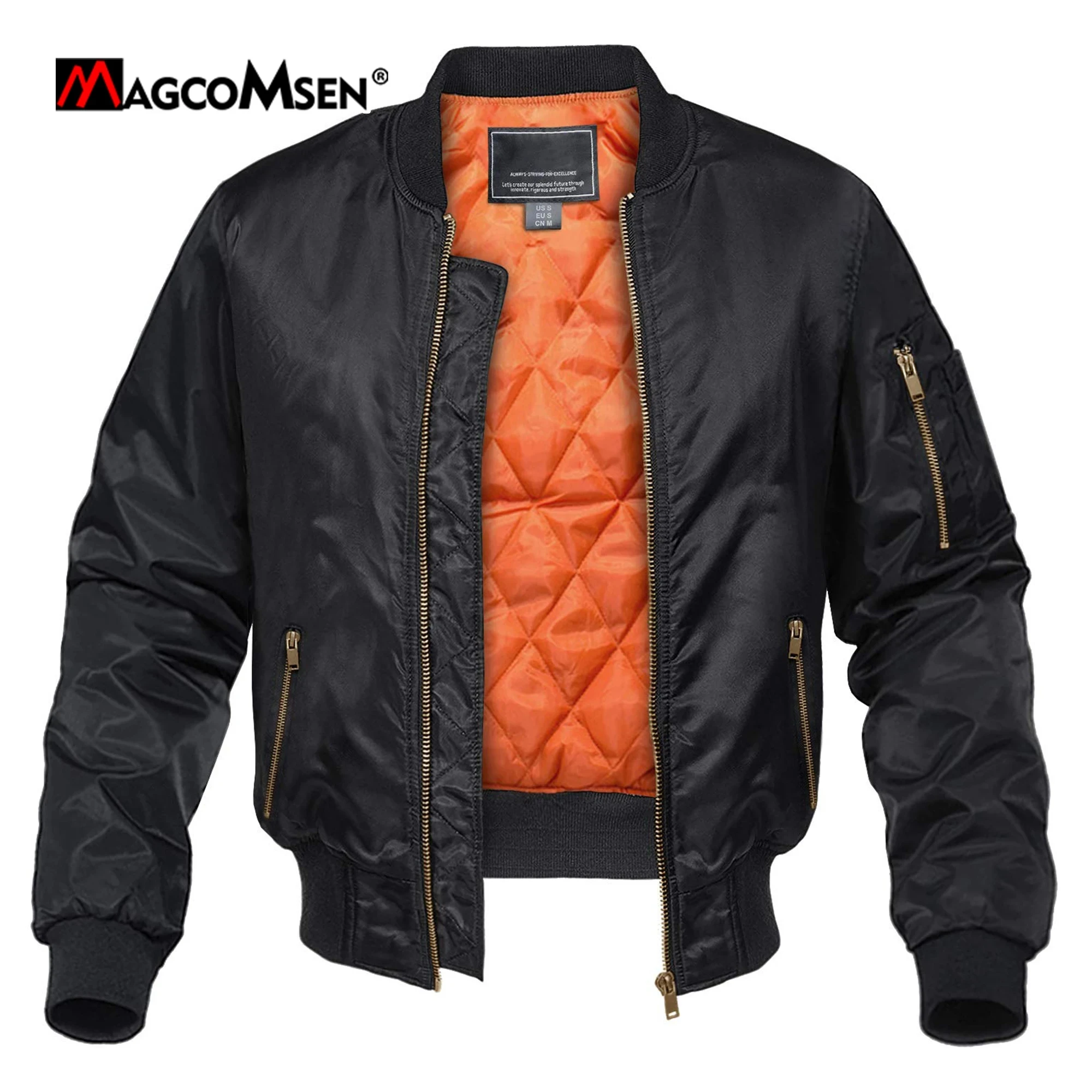 MAGCOMSEN Chaquetas de aviador para hombre, chaquetas bomber gruesas y cálidas con forro naranja, abrigos informales a prueba de viento para otoño e invierno