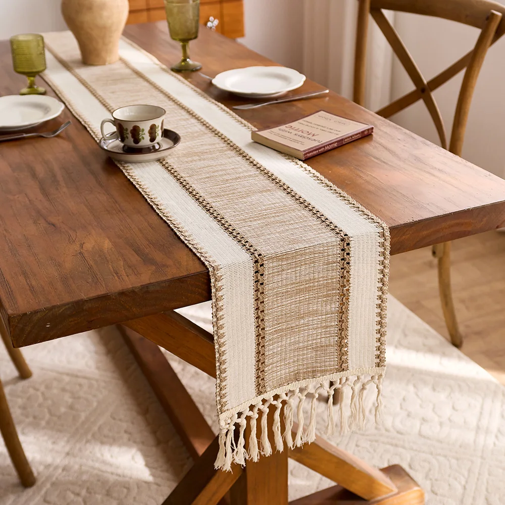 Khaki Makramee-Stil Boho Farmhouse Tischläufer mit Quasten Rechteckiges Design Strapazierfähiger Stoff für Heim-, Restaurant- und Küchendekoration – Detail 5