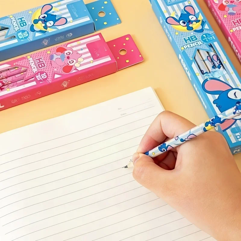 10pcs Disney Stitch & Angel Pink and Blue Cartoon Pencils, HB Wooden Calligraphy Pencils in Box,Drawing toys