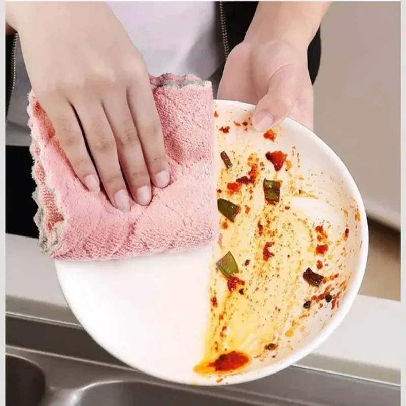 20/1pcs Double-layer Microfiber Towel Super Absorbent Coral Fleece Cleaning Cloths Kitchen Non-stick Oil Dishcloths Scouring Rag