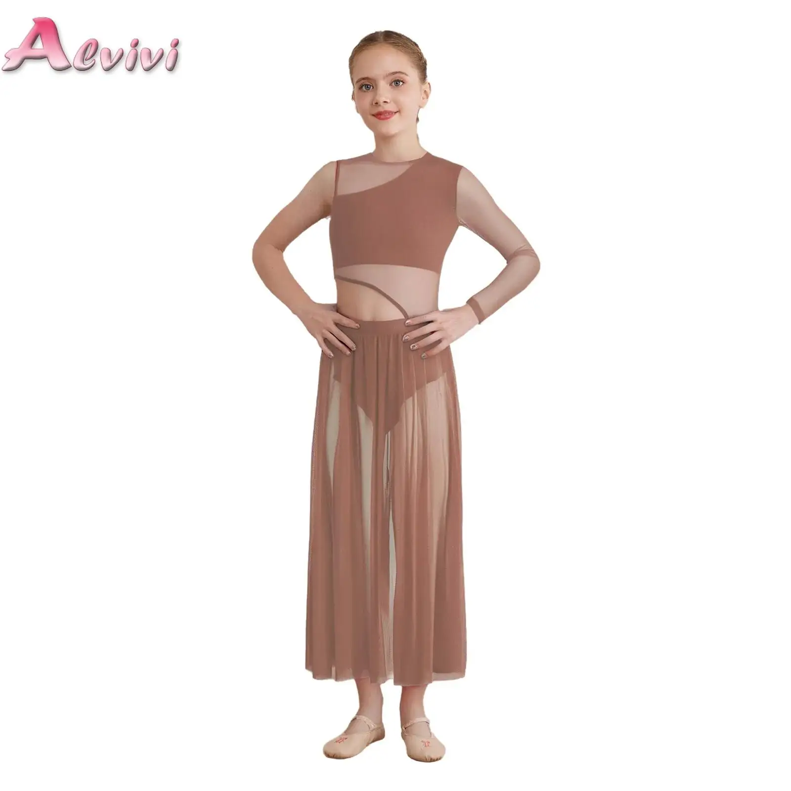 

Teen Girls Modern Lyrical Dance Dress Sides Split Mesh Asymmetrical Ballet Gymnastics Skirted Leotard Figure Skating Dancewear