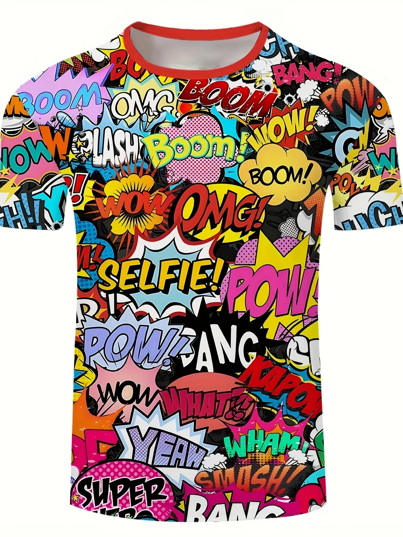 Men Comic Book Pop Art T-Shirt, Colorful Boom Wow OMG Speech Bubble Print Short Sleeve Crew Neck Graphic Tee