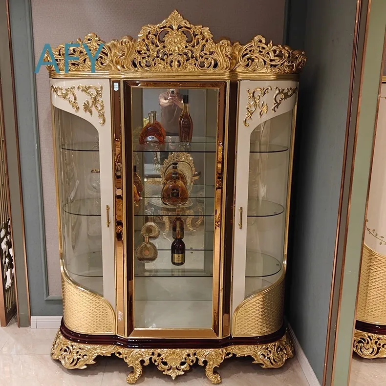 French Court Wine Cabinet for European Villa High End Handmade Solid Wood Carved Double Door Painted Wine Storage Cabinet