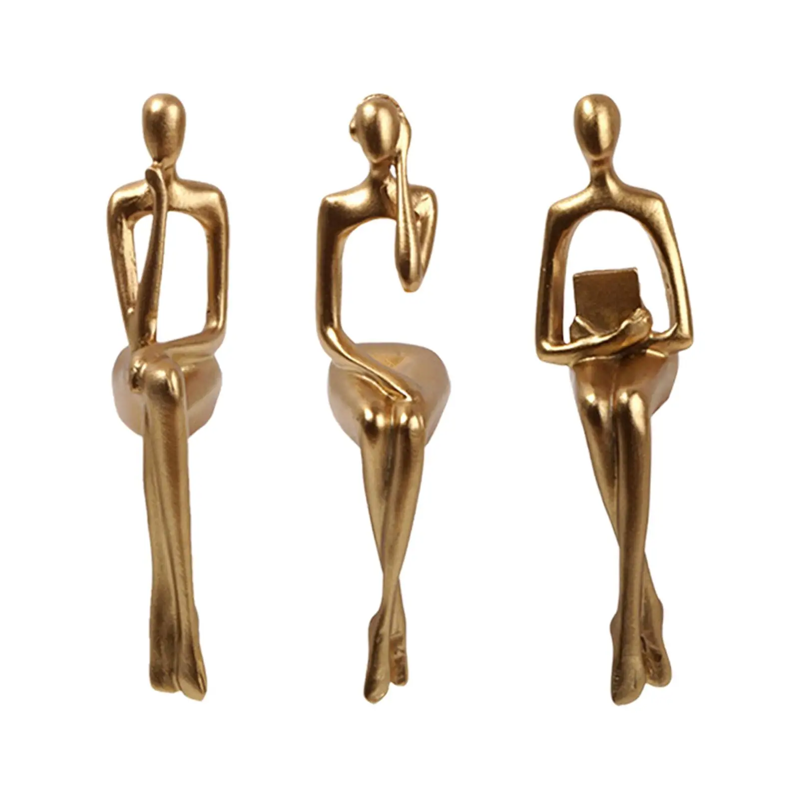 3x Sitting Thinker Statue Decorative Sculpture Artwork Minimalist Resin Figurines for Study Bookshelf Desk Decor Collection