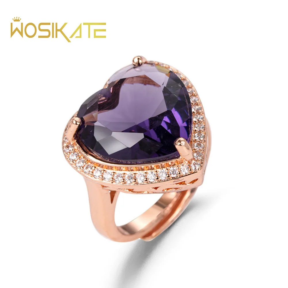 WOSIKATE Korean Heart-shaped Amethyst Ring For Women 925 Sterling Silver Rose Gold Plated Purple Zirconia Opening Ring Jewelry