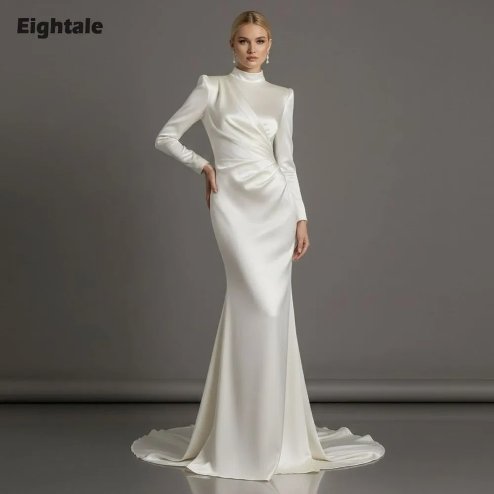 فستان زفاف عربي Eightale مخصص عاجي برقبة عالية من الساتان فستان زفاف مسلم بطول الأرض وأكمام طويلة فستان حفلات العروس