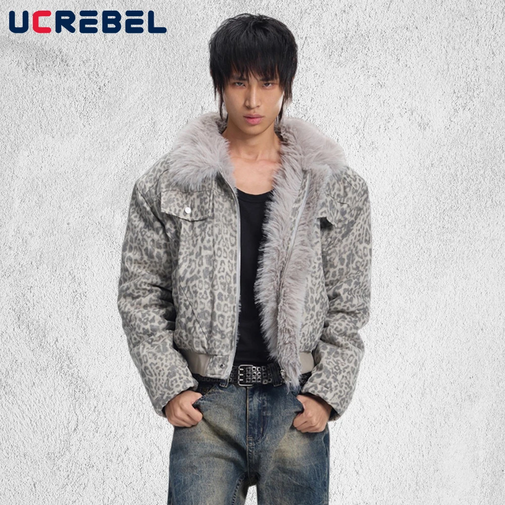 

Leopard Spliced Fur Collar Quilted Jacket Mens Retro High Street Winter Thick Lapel Long Sleeve Padded Jacket Man Outerwear