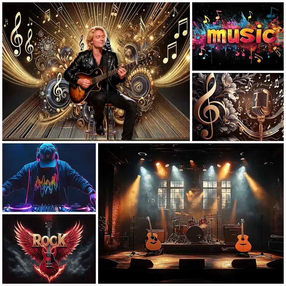 

Vibrant Music Birthday Party Decoration Background Banner Piano musical Notes Golden Microphone backdrop Neon Rock Photo Props