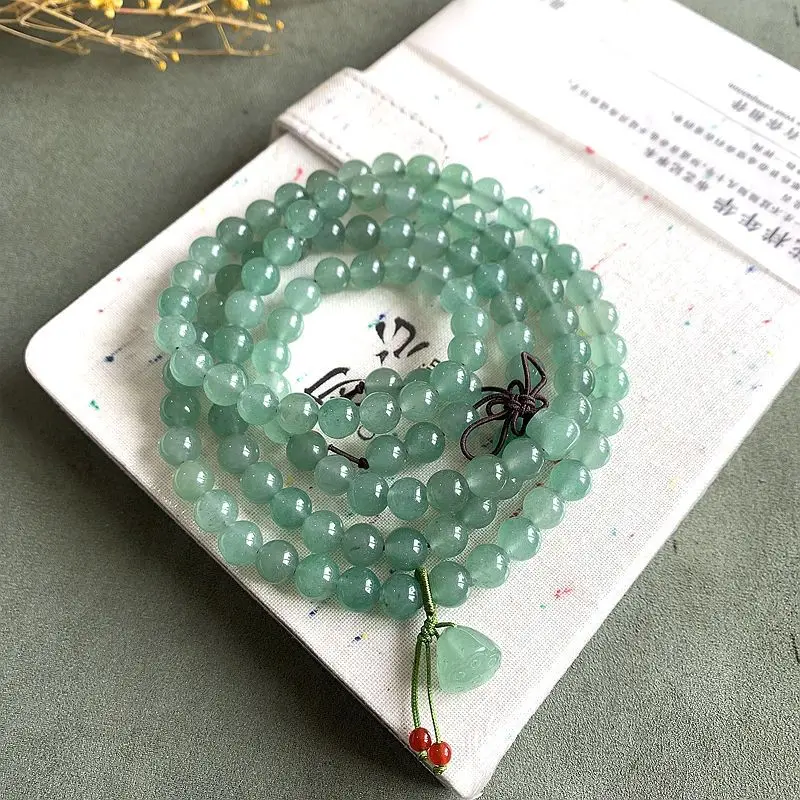 Natural Jade 108 Bracelet Light Green Multi-Circle Green Dongling Stone Necklace Buddha Bead Lucky Hand String for Men and Women