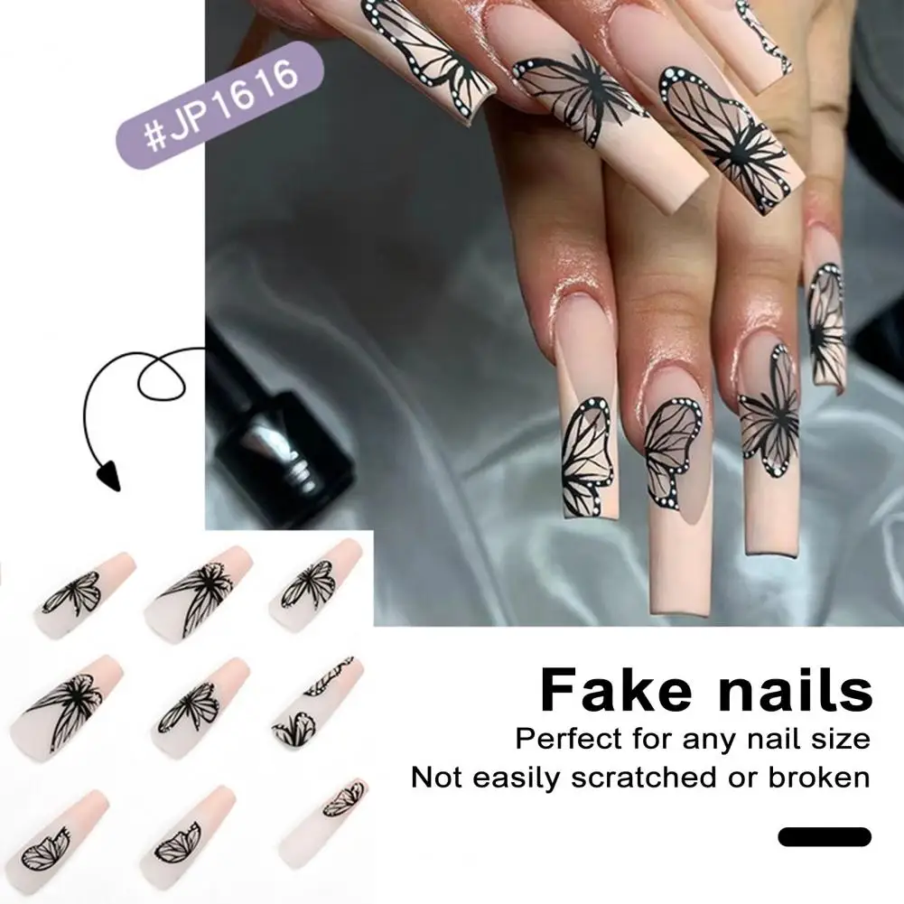 Artificial Nail Kit Nail Extension False Nails Fluttering Beauty 24pcs Long Black Butterfly Print Press-on For Women For Salon