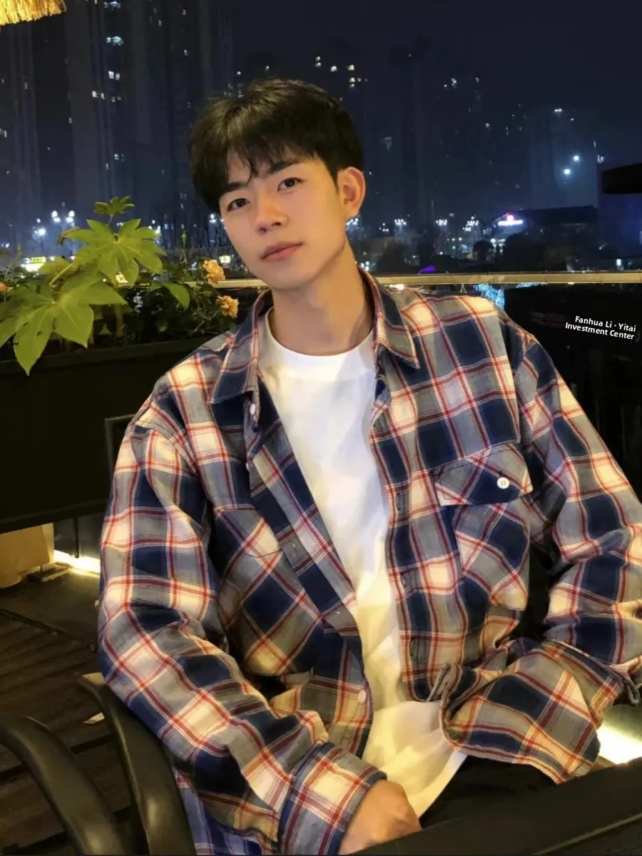 

Retro Japanese Sle Waed Plaid Cotton Flannel Men's irt Loose Fit Trendy Outerwear Long Sve Button up