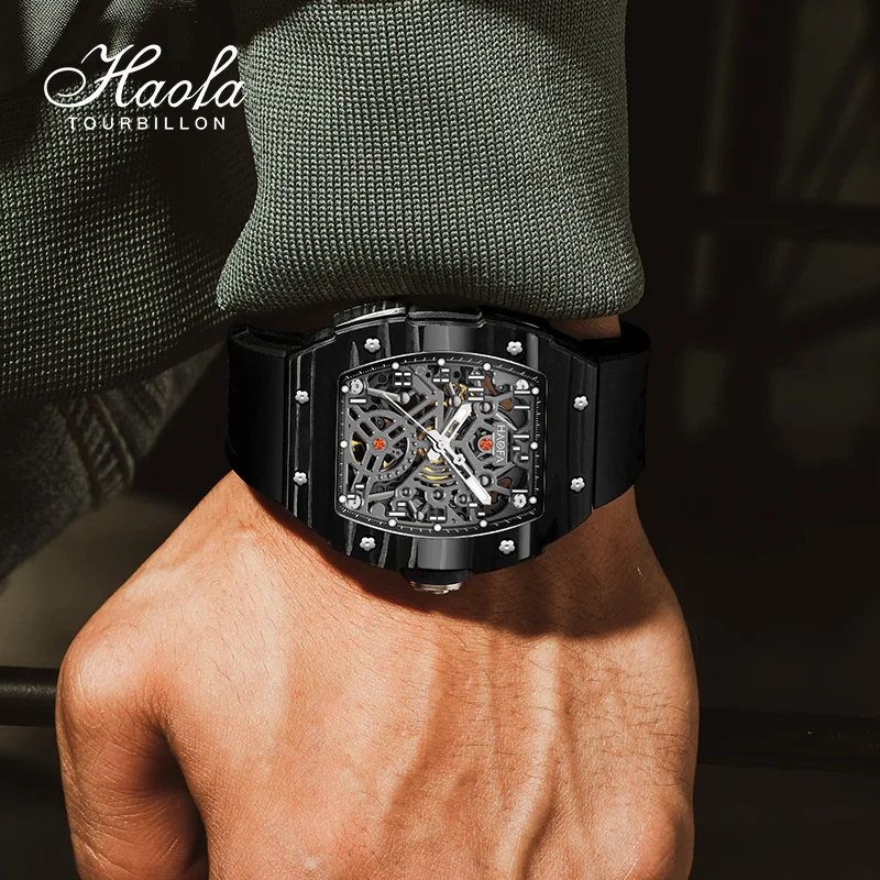 Haofa Automatic Watches for Men Sapphire Luminous Self Wind Mechanical Watch Man Skeleton Waterproof Clock Carbon Fiber 1923