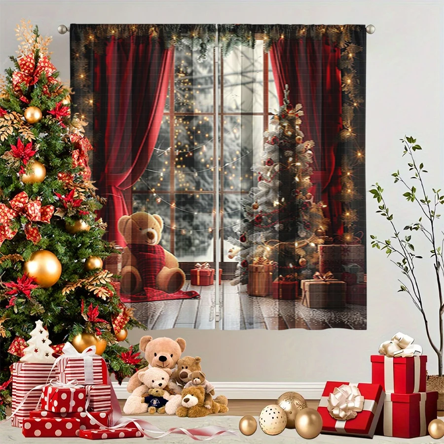 2PCS Christmas Winter Curtains, Window Teddy Bear Tree Gift Red Curtain Snow, Digital Print, Bedroom Living Room, Home Decor