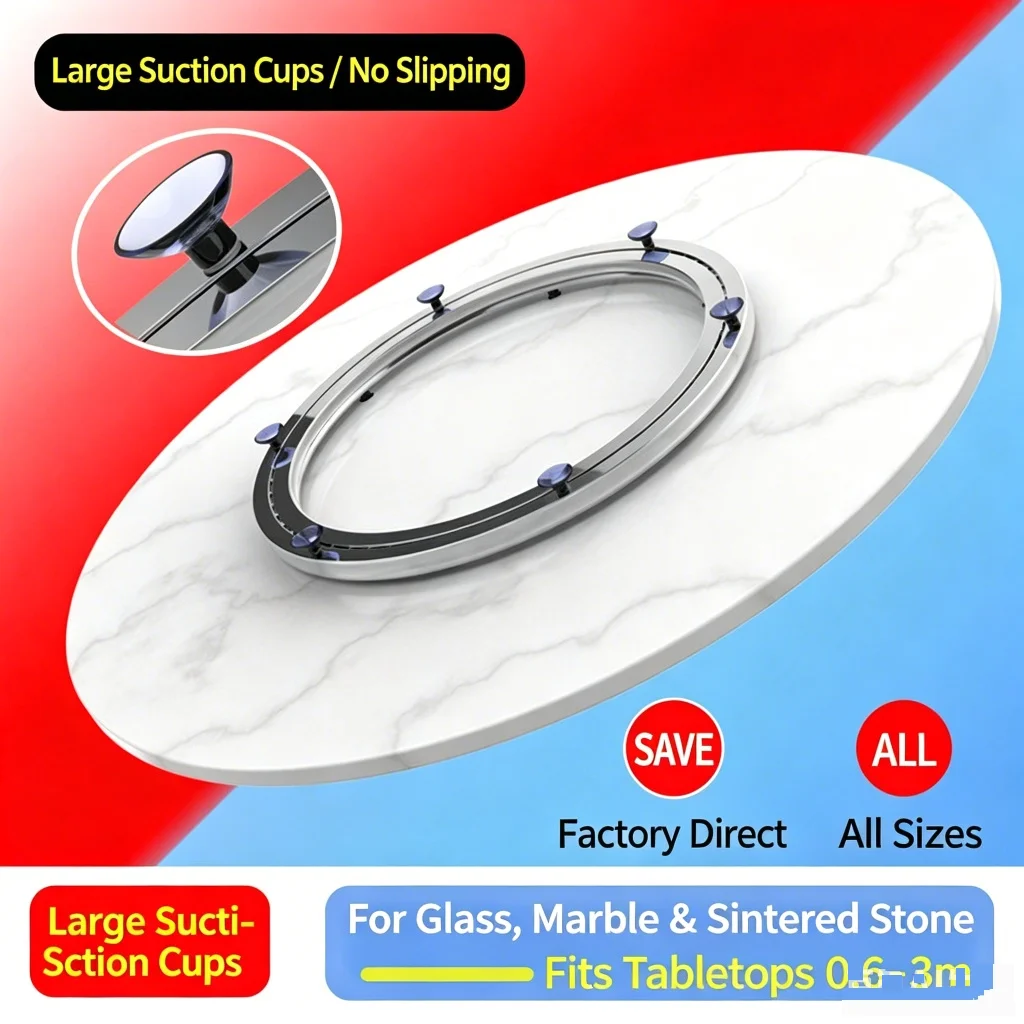 Stainless Lazy Susan Turntable Base with Large Suction Cup 360° Rotating Bearing for Marble Glass Wood Round Dining Table