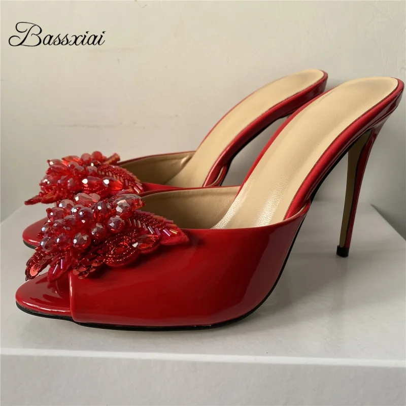 

Crystal Butterfly-Flower Beads Decor Summer Mules 10cm Stiletto Heel Luxury Patent Leather Slingbacks Women Sandals
