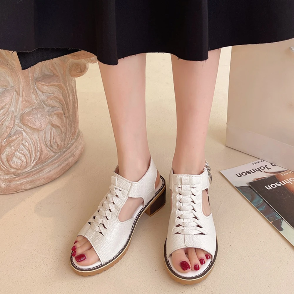 Classic Women Square Heel Summer Shoes Leather Zipper Gladiator Sandals Mid Heel Zipper Platform Sandals High Heels