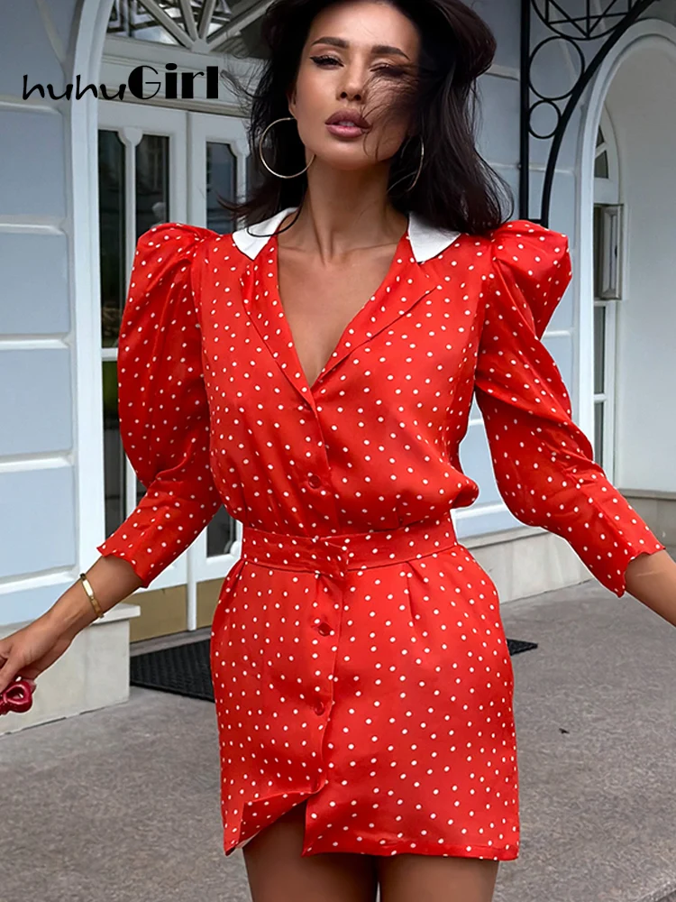 Huhugirl Mini Dresses Slim Sheath V-Neck Long Sleeves Dot Printing Designed For Female Trendy Fashion Elegant 2026 New Autumn