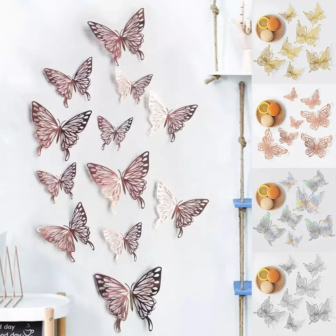 12pcs/Set Hollow-Out 3D Colorful Simulation Butterfly Gold And Silver Wall Stickers Wedding Living Room Home Decor Stickers