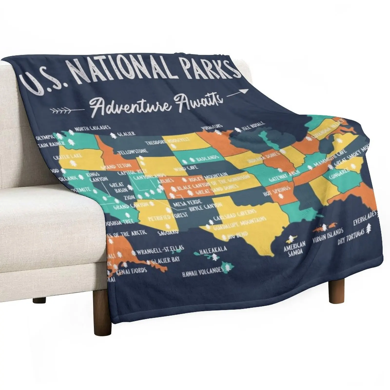 

U.S National Parks Map - Adventure Awaits Throw Blanket Camping Blanket Blankets For Bed Luxury Blanket