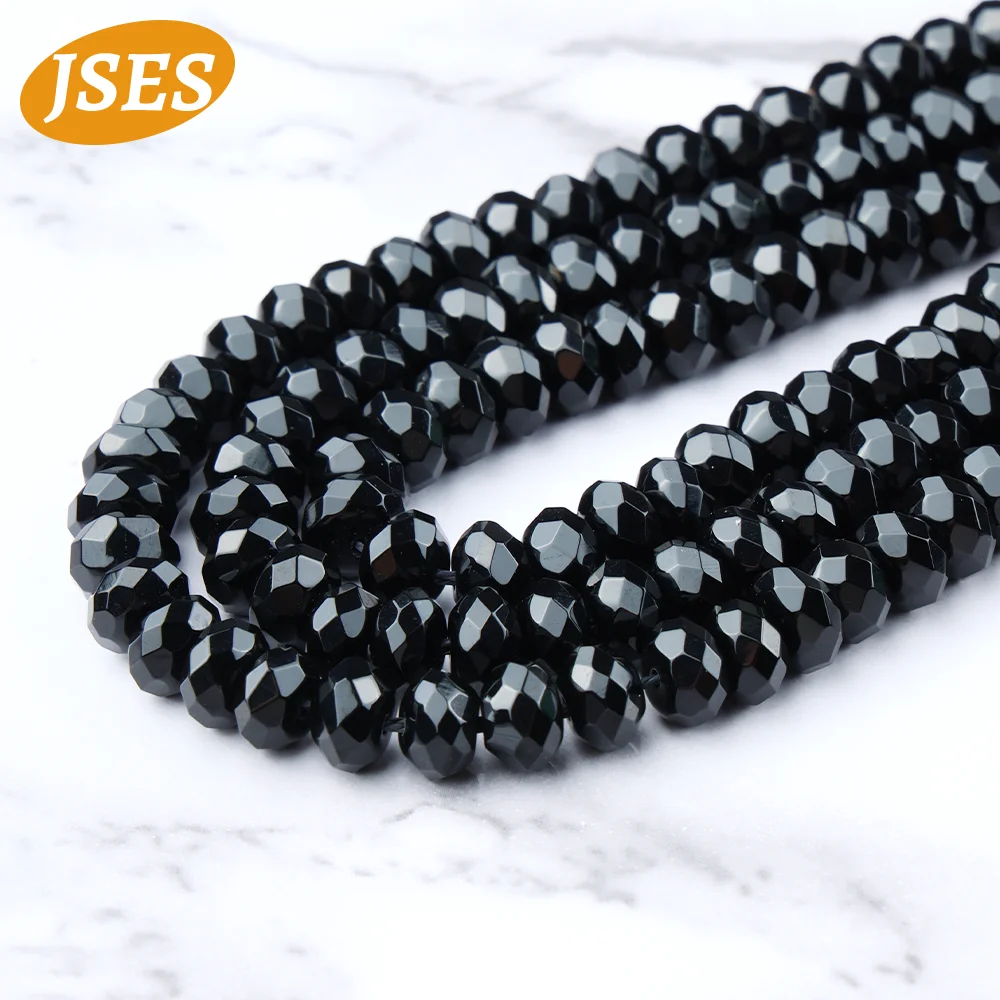 A+ Natural Black Agate Onyx Faceted Rondelle Beads for Jewelry Making DIY Charms Bracelet Earring