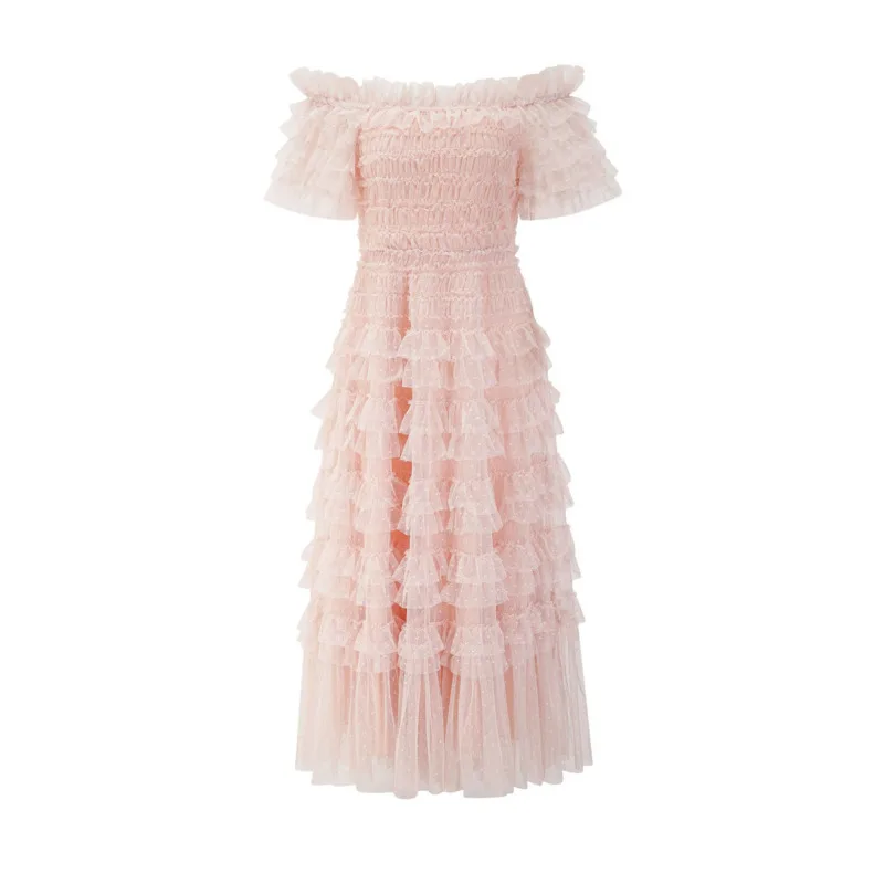 

[Vibe] Solid Strapless Mesh Dresses For Women Slash Neck Short Sleeve High Waist A Line Pleated Slim Dress Female Fashion 0mhy3l