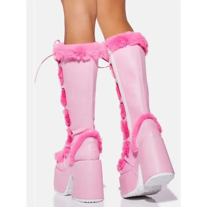 Waterproof Winter Knee High Boots for Women Platform Flock Zipper Lace Up Fluff Square Heels Elegant Mature Snow Boots 34-46