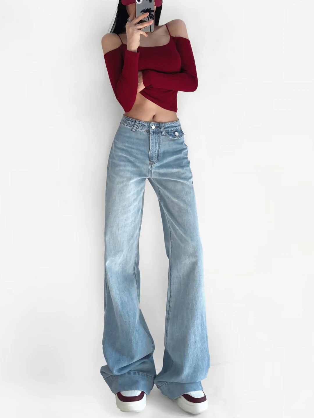 

2026 New Pear Shaped Flared Straight Leg Jeans Women's Loose Long Floor Length Pants Spring Autumn Natural Waist Cotton Denim