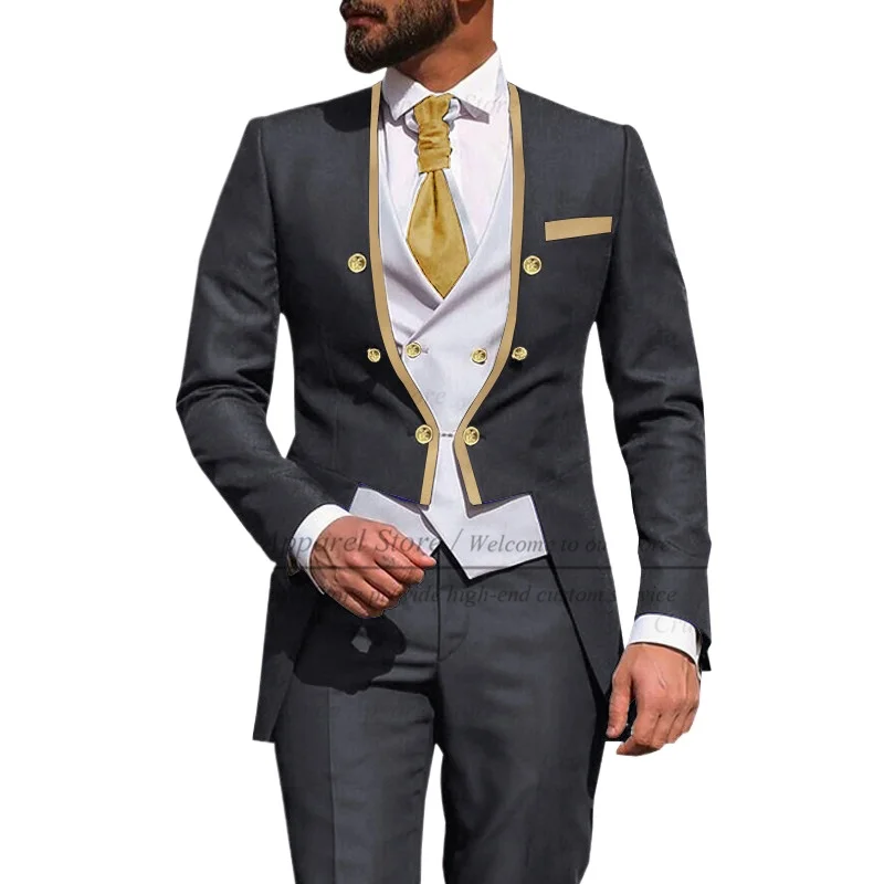 

Latest Royal Blue Suit Men 3Pcs Slim Fit Wedding Best Man Groom Tuxedo Double Breasted Gold Trim Jacket Vest Pants Set Tailcoat