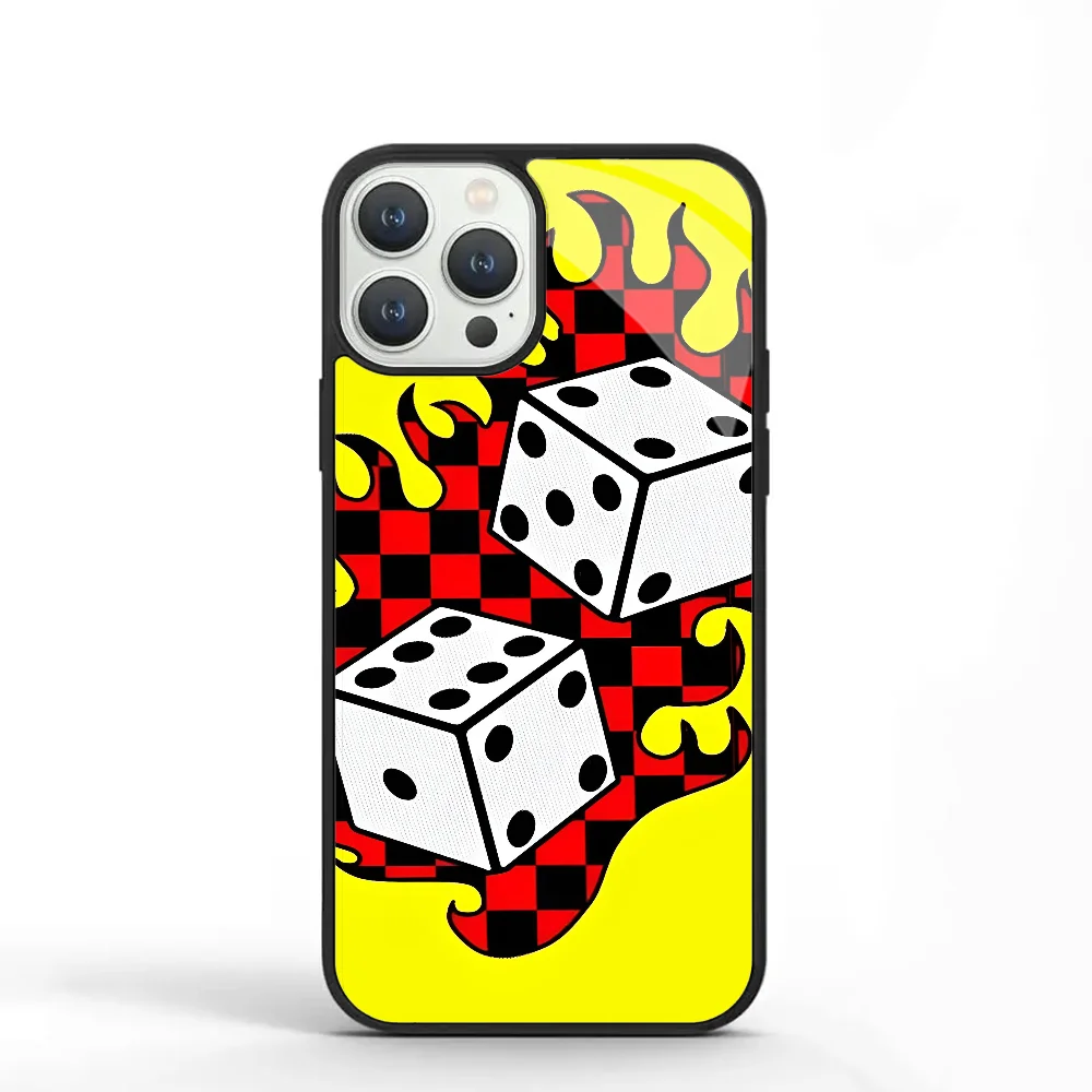 Soft Dice Fire Flame Checkpoint Phone Case For IPhone 11 12 13 14 15 Plus Pro Max Mirror Acrylic PC TPU Cover