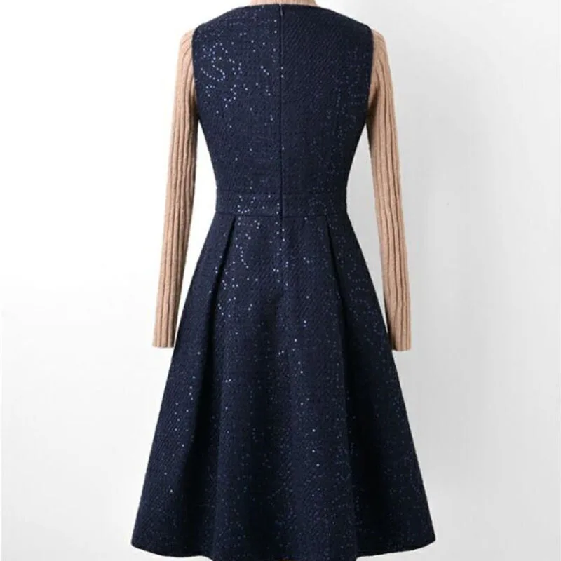 Vestido de lã sem mangas feminino com lantejoulas, vestidos de duas camadas, colete elegante, azul marinho, roupas da moda, outono, inverno, 2022