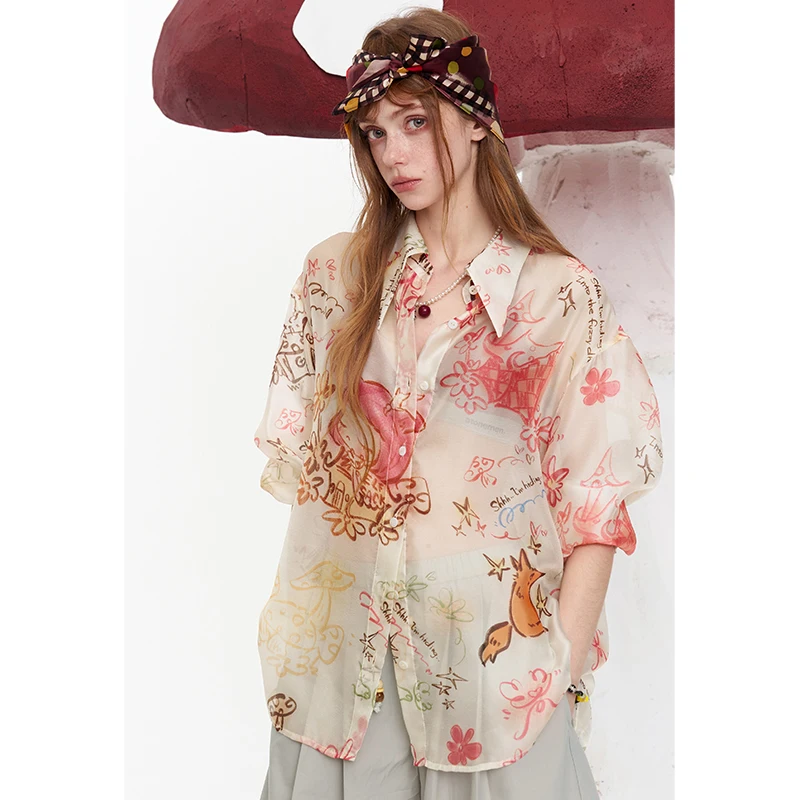 ELFSACK Sheer Cartoon Print Oversized Shirt, Fox & Mushroom Pattern Chiffon Blouse, Boho Summer Beach Cover-Up