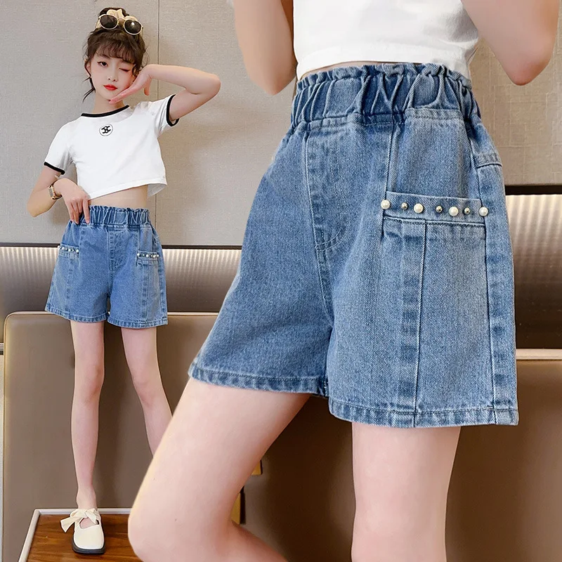 Vintage Baby Girl Front Pocket Denim Shorts For Children Cool Summer Beads Shorts With Pearls For Teens Child Age 5 7 9 11 13 14