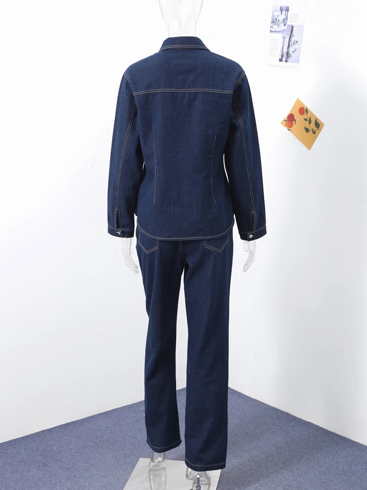 Casual azul denim casaco calças 2 peças conjunto lapela mangas compridas único breasted feminino solto plissado ternos superiores com bolso novo desgaste