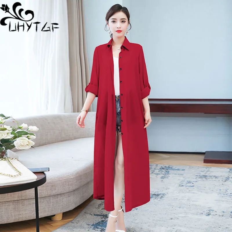 UHYTGF Summer Shawl Sun Protection Coat Womens Cardigan Chiffon Thin Shirt Jacket Female Long Cape Overcoat Ladies Clothing 2233