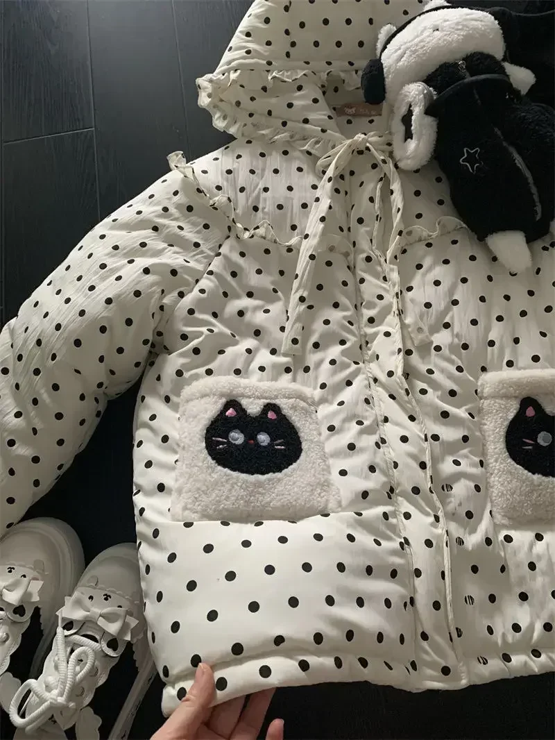 High Quality Winter Thicken Coat Lolita Dot Parkas Coat Japan Cute Cat Embroidery Ruffled Sweet Puffer Jacket Y2K E-girl Kawaii