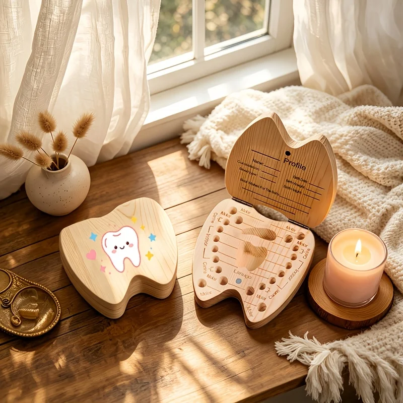 1PCS Tooth-Shaped 2D Wooden Keepsake Box Cute Tooth Pattern Wooden Storage Box Storing Teeth  Hair Birth Souvenir Christmas Gift